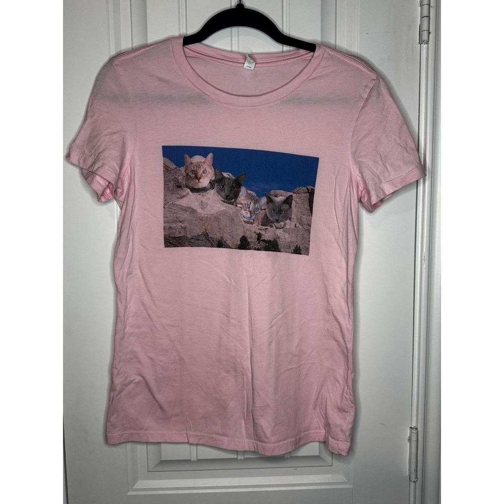 Pink Cat Mount Rushmore Graphic T-Shirt Women's Short Sleeve Cute Novelty Tee S